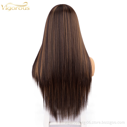 Vigorous Long Straight Synthetic Blend Wig Extension Heat Resistant Highlight Brown Black Women Lace Front Synthetic Hair Wigs